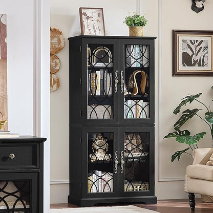 67" Tall Pantry Cabinet, Vintage Kitchen Pantries Cabinets with Glass Doors & Adjustable Shelves, Freestanding Wood Cupboard with Large Storage for Dingning Room, Bathroom, Black