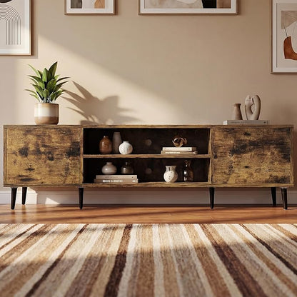 JUMMICO Mid-Century Modern TV Stand for 65-70 Inch TVs, 63 Inch Media Console with Storage, Entertainment Center with Push-Open Cabinets and Cable Management for Living Room (Rustic Brown, 63 Inches)