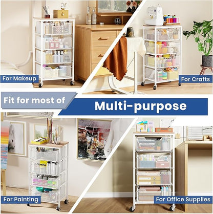 Goovilla Kitchen Cart with Drawers, 4 Tier Metal Rolling Utility Cart Organizer on Lockable Wheels with Wooden Top, White Fruit Vegetable Storage Rack Also for Cans, Snack, Craft, Art, Office, Beauty