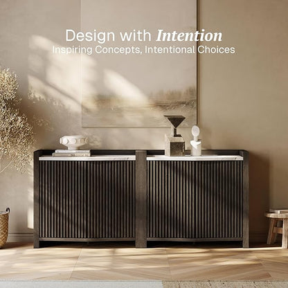 BELLEZE Set of 4 Modular Sideboard Buffet Cabinet with Storage,140 Inch Modern Credenza with Adjustable Shelves, Fluted Black Console Table with Faux Marble Panel for Kitchen, Entryway, Dining Room