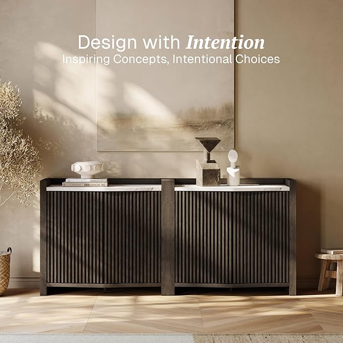 BELLEZE Modular Sideboard Buffet Cabinet with Storage, 35 Inch Modern Credenza with Doors and Adjustable Shelves, Fluted Black Console Table with Faux Marble Panel for Kitchen, Entryway, Dining Room