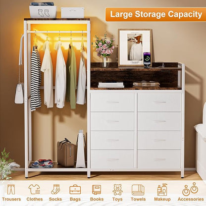 58" H Dresser with Hanging Rack,8 Fabric Drawers, Large Capacity Storage Organizer with USB Charging Station & LED Lights& Hooks for Bedroom Dorm Room Apartment,White