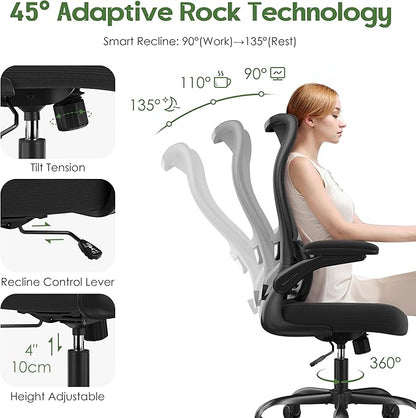 Office Chair Ergonomic Desk Chair - Comfy Mesh High Back Office Chair with Lumbar Support Wheel Home Desk Office Chairs Flip up Armrest Executive Rolling Swivel Task Computer Chair Black Silver
