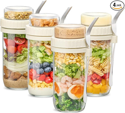 Danmu 24 oz Glass Meal Prep Containers 4-Pack with Lid & Dressing Cup - Leak Proof Salad Jars & Overnight Oats Containers with Lids Stainless Steel Fork Included for On the Go Lunch, Work, Fitness