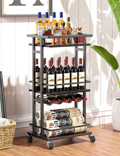 3-Tier Liquor Cabinet with Wine Rack, Mini Bar Cart for Home, Small Liquor Bar Cabinet for Alcohol, Rolling Kitchen Serving Cart on Wheels, Wine Drink Cart for Party, Bar Stand for Small Space