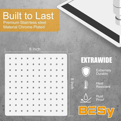 BESy 8 Inch Rain Shower Head, 8" Square Rainfall & High Pressure Stainless Steel Bath Shower Head, 1/16" Ultra Thin, Waterfall Full Body Coverage with Silicone Nozzle, Polished Chrome