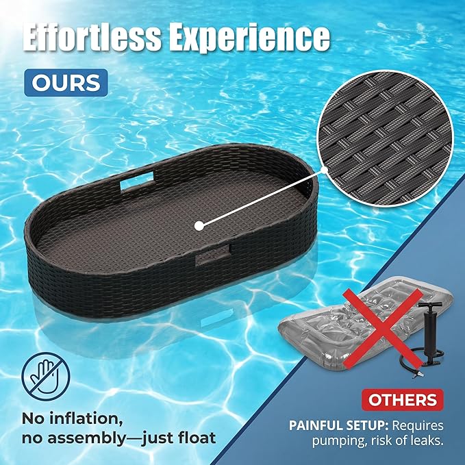 Greesum Wicker Pool Floating Tray, 38”x20” Oval Portable Serving Tray for Holding Fruits, Drinks & Essentials, Suitable for Pool Activities, Bathtub, Hot Tub, Beach Parties, Black