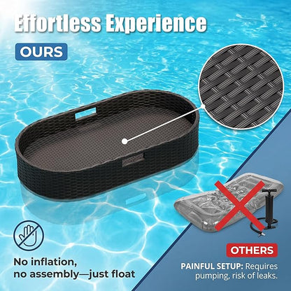 Greesum Wicker Pool Floating Tray, 38”x20” Oval Portable Serving Tray for Holding Fruits, Drinks & Essentials, Suitable for Pool Activities, Bathtub, Hot Tub, Beach Parties, Black