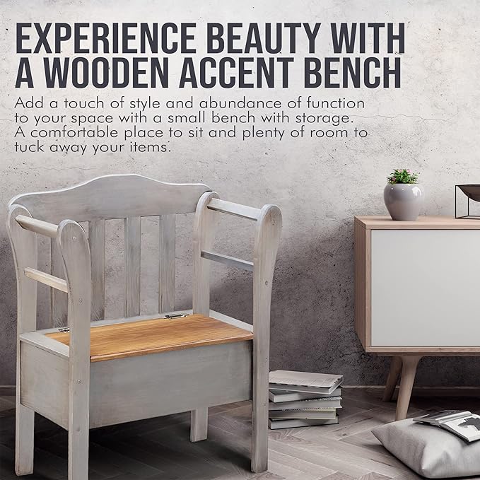 Peaceful Classics Bench with Storage - Small Wooden Storage Bench for Entryway, Hallway, Mudroom, Farmhouse, Bedroom, & Living Room, Amish Handmade Furniture Storage Organizer, Pewter