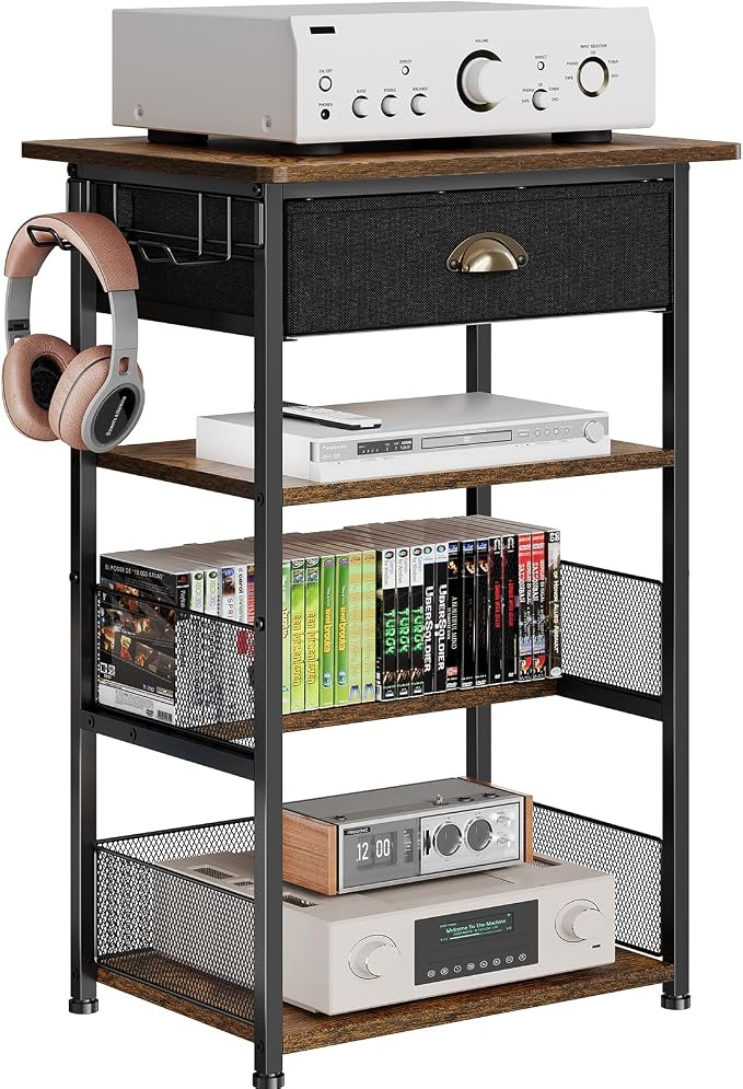 Hongtamoya 4-Tier AV Media Stand with Drawer, Video Game Console Shelf with 2 Hooks, Audio Rack Tower Perfect for/Xbox/ PS5/Switch/Game Consoles/DVD/Record Player/Projector/Sky Box/TV Accessories