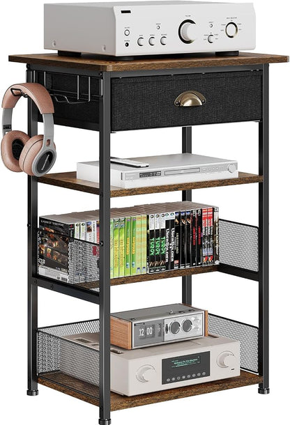 Hongtamoya 4-Tier AV Media Stand with Drawer, Video Game Console Shelf with 2 Hooks, Audio Rack Tower Perfect for/Xbox/ PS5/Switch/Game Consoles/DVD/Record Player/Projector/Sky Box/TV Accessories