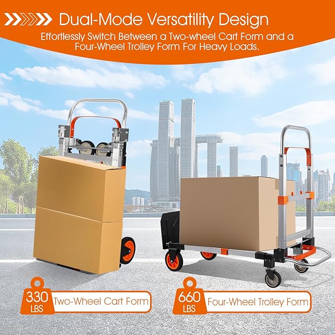 Zolpoyia 3 in 1 Folding Hand Truck Dolly Cart with Wheels, 660lbs Capacity Foldable Utility Cart Aluminum Trolley Cart Convertible Dolly for Moving Furniture Shopping for Garden Home Office Warehouse