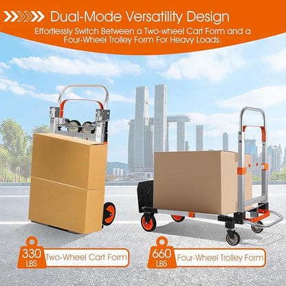 Zolpoyia 3 in 1 Folding Hand Truck Dolly Cart with Wheels, 660lbs Capacity Foldable Utility Cart Aluminum Trolley Cart Convertible Dolly for Moving Furniture Shopping for Garden Home Office Warehouse