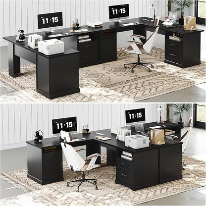 Unikito Farmhouse L Shaped Executive Desk with File Drawers, 60" Corner Computer Desk with Power Outlets, Large 2 Person Home Office Table with Storage Cabinet, Sturdy Writing Desk, Black