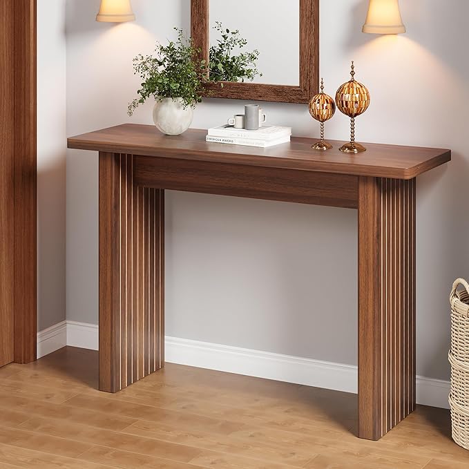 Fluted Entryway Console Table, Wooden Rectangular Sofa Table for Entrance, Narrow Wood Entryway Small Long Entry Table for Hallway, Living Room (Walnut)