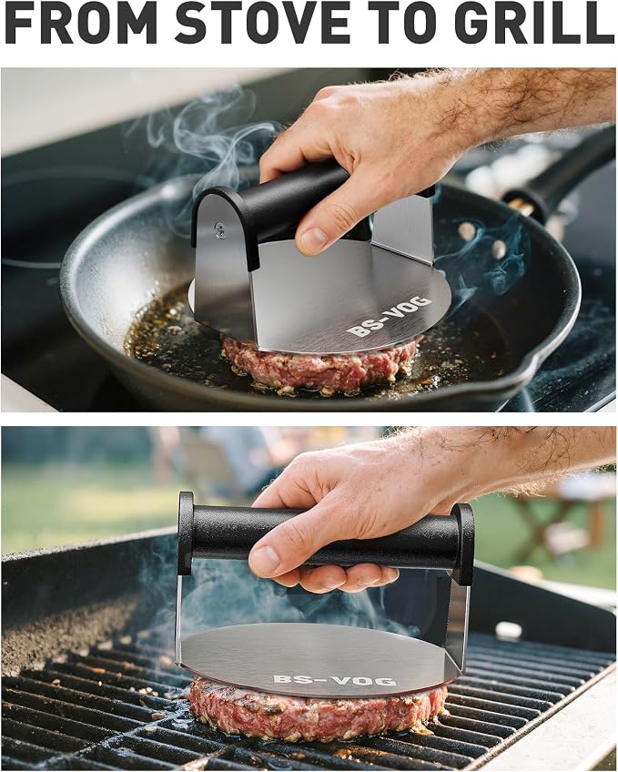 BS-VOG Burger Press, 6" Stainless Steel Burger Smasher for Griddle, Nonstick Round Hamburger Smasher Tool for Cooking Bacon, Patty, Ground Beef, Meats, Dishwasher Safe, Christmas Gift Package for Men