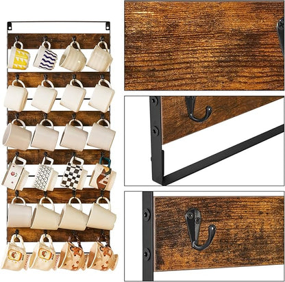 IBUYKE Mug Racks for Wall,Set of 3, 24-Hook Large Coffee Mug Holder Wall Mounted, Rustic Wood Coffee Mug Rack Display Organizer for Kitchen, Home,Bar, Coffee Station,Rustic Brown TBJ005H-3