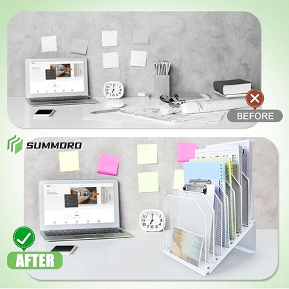 SUMMORO Inclined File Organizer for Desk, 7-Tier Vertical File Folder Holder Office Desk Organizer Metal Rack File Wire Mesh Desktop Document Sorter for Office School Classroom Home (White)