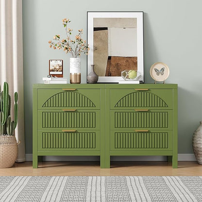 6 Drawer Dresser, Farmhouse Fluted Chest of Drawers, Wooden End Table, Mid- Century Modern Bedroom Nightstand Side Table for Bedrooms, Closets, Hallways, and Entryways, Green X2