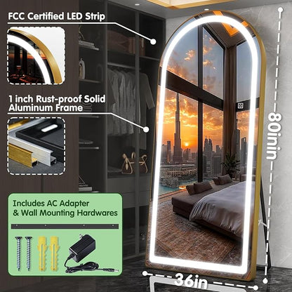 FENNIO Full Length Mirror with Lights, 80" x 36" LED Full Body Mirror for Bedroom, Salon, Dimmable, 3 Color Lighting [Tempered Glass]