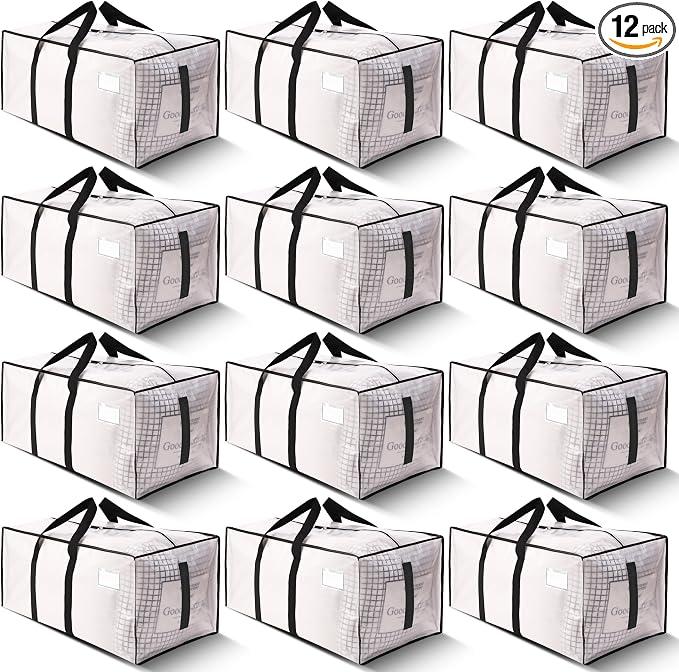HOMESURE Supports 200lbs Heavy Duty Moving Bags - Strong Zipper & Wrap-Around Handles - Water-Resistant Storage Totes, Durable Alternative to Moving Boxes - 12 Pack - Semi-Transparent