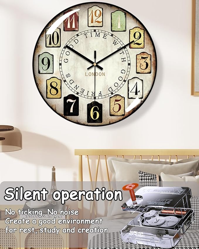Decorative Wall Clocks Batterys Operated, Retro Wall Clock with Glass Dial, 12-Inch Dial with Roman Numerals, Silent and No Ticking, Suitable for Living Room, Bedroom, Dining Area, Workspace