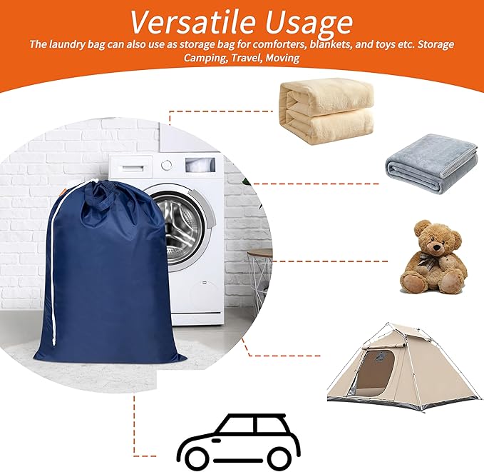 Polecasa 2 Pack Extra Heavy-Duty Laundry Bag 28x36”- Machine Washable Large Storage Bag with Reinforced Handles & Drawstring Closure & ID Tag for College Dorm Travel - Navy