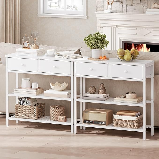 HOOBRO 29.5" Narrow Console Table with 2 Fabric Drawers, Sofa Table, Small Entryway Table with 3-Tier Storage Shelves, Behind Couch Table, for Living Room, Hallway, White WW72XG01G1