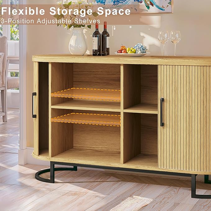 47.2" Buffet Cabinet with Storage, Fluted Sideboard Cabinet with Tambour Door & Adjustable Shelf, Modern Storage Cabinets for Kitchen, Living Room, Entryway, Oak