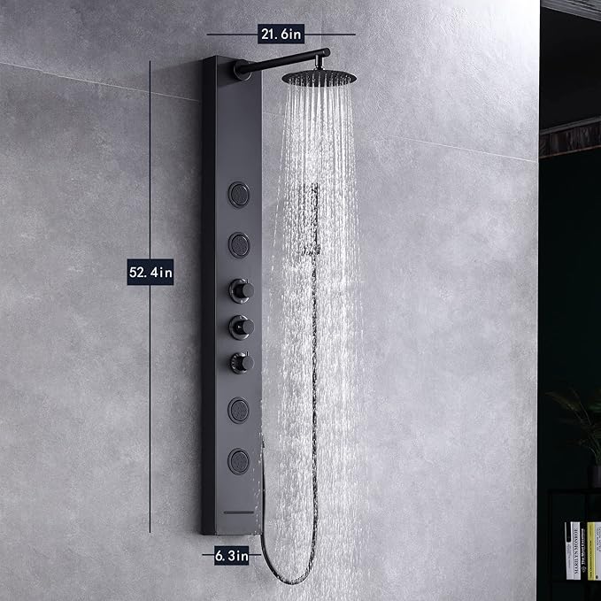 Achelous Round Rainfall Shower Head Panel System with Thermostatic,Stainless Steel High Pressure Turbo Body Jets Waterfall Shower Tower,Brass Handheld Wand in Matte Black