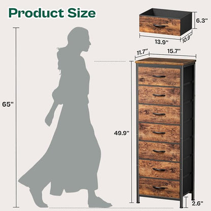 Huuger Tall Dresser for Bedroom, 7 Drawer Dresser & Chests of Drawers, Fabric Drawer for Closet, Bedroom, Night Stand, Metal Frame, Storage Tower with Fabric Bins, Rustic Brown