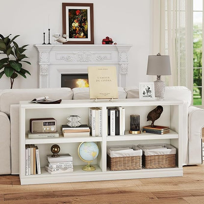 blini White Bookshelf Double Wide 64“ 2-Tier Bookcase 4 Cube Storage Organizer Wooden Bookcases for Bedroom and Home Office Decor Display
