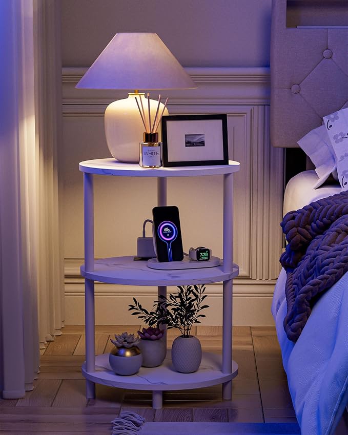 Small Round Side Table - 3-Tier Oval Accent Table for Small Spaces, Rustic Wood and Metal Nightstand for Living Room or Bedroom, with Built-in USB Ports and Power Outlet, Marble White