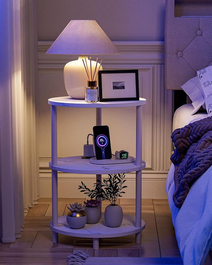 Small Round Side Table - 3-Tier Oval Accent Table for Small Spaces, Rustic Wood and Metal Nightstand for Living Room or Bedroom, with Built-in USB Ports and Power Outlet, Marble White