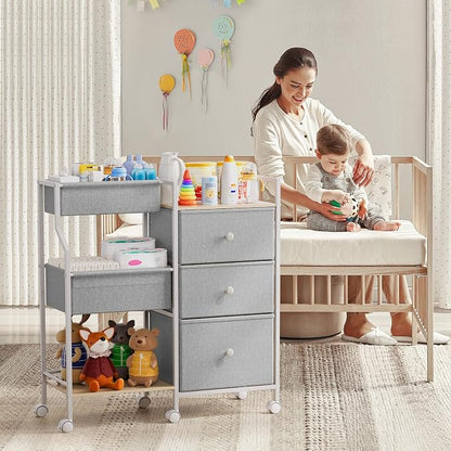 Modanais Baby Organizer and Storage - 3 Tier Rolling Cart with Dividers and Drawers, Easy To Assemble, Mobile Utility Cart with Wheels for Nursery, Bedroom, Changing Table & Crib,Light Gray