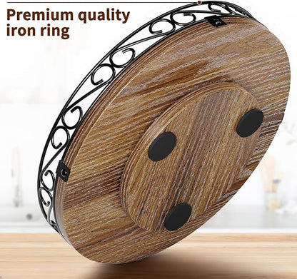 10" Lazy Susan Turntable Organizer for Table Top, Round Wooden Lazy Susan for Cabinet, Farmhouse Decorative Tray for Coffee Table, Kitchen Organizer Countertop, Center Piece Decor, Rustic Brown