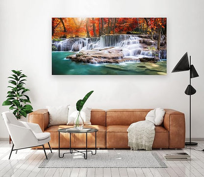 Wall Art Canvas Painting Red Forest Waterfalls 1 Piece Modern Landscape Tree Picture Poster Print Framed and Stretched Ready to Hang for Living Room Bedroom Kitchen Office Home Decor