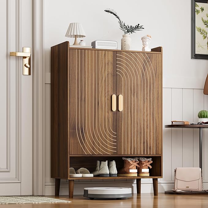 Shoe Cabinet with Doors, 6-Tier Shoe Storage Cabinet with Adjustable Shelves,Freestanding Shoes Rack Shoe Storage Organizer for Entryway, Hallway, Closet (Walnut)