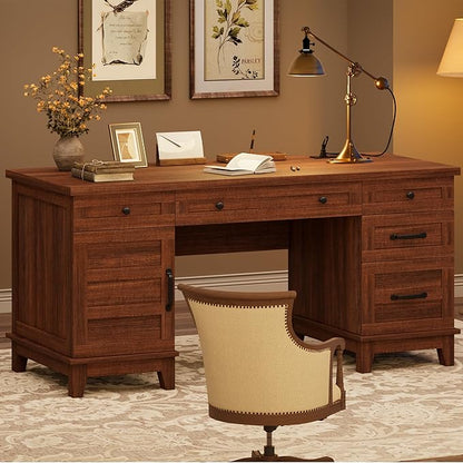 60" Executive Desk with Power Outlet, Home Office Desk with Drawers, Wooden Work Desk with File Cabinet, Computer Desk for Work, Study, Writing, Brown