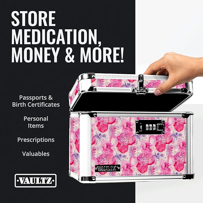 Vaultz Combination Lock Box - Secure Safe for Documents, Valuables, Medicine & Money - 10 x 7.25 x 7.75 Inch - Floral, Pink & Gray