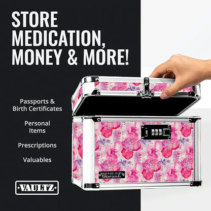 Vaultz Combination Lock Box - Secure Safe for Documents, Valuables, Medicine & Money - 10 x 7.25 x 7.75 Inch - Floral, Pink & Gray