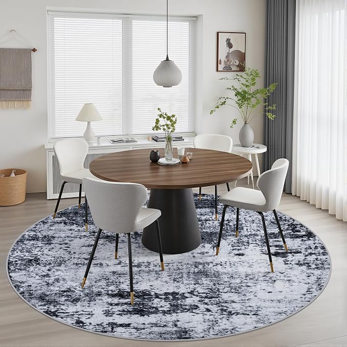 Round Area Rug for Living Room: 6 ft Washable Modern Abstract Soft Thin Rug Indoor Floor No Slip Stain Resistant Carpet for Bedroom Dining Room Farmhouse Nursery Home Office - Black
