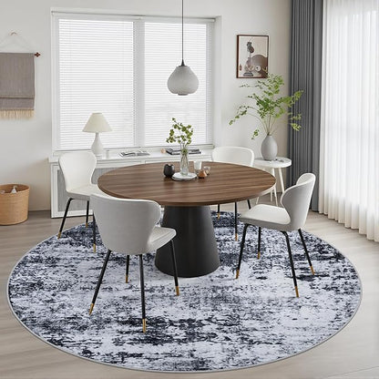 Round Area Rug for Living Room: 4 ft Washable Modern Abstract Soft Thin Rug Indoor Floor No Slip Stain Resistant Carpet for Bedroom Dining Room Farmhouse Nursery Home Office - Black