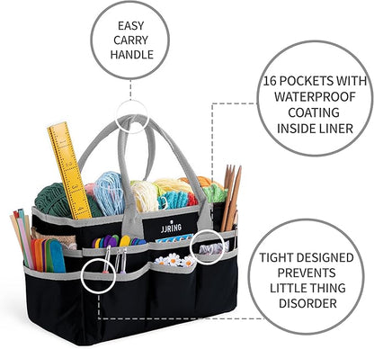 Jjring Craft and Art Organizer Tote Bag - 600D Silver Nylon Fabric Art Caddy with Pockets - for Art, Craft, Sewing, Medical, and Office Supplies Storage
