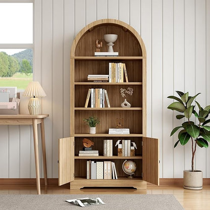 LCVTNDArched Bookcase with Storage, 6 Tier Bookshelf with Door, Freestanding Display Storage Cabinet Farmhouse Storage Shelves for Living Room,Bedroom Home Office,Natural Oak*2
