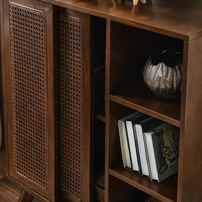 LKTART Mid Century Modern Storage Cabinet with Rattan Sliding Doors and Open Shelves, Boho Style Wooden Sideboard Buffet for Living Room,Dark Walnut