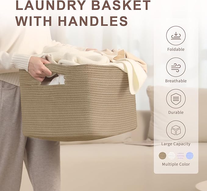 SunNewt 60L Small Wicker Laundry Basket for Living Room Storage,Boho Woven Cotton Rope Baskets for Kids Toy,Gifts,Square Blanket Hamper for Bedroom Dirty Clothes,Jute