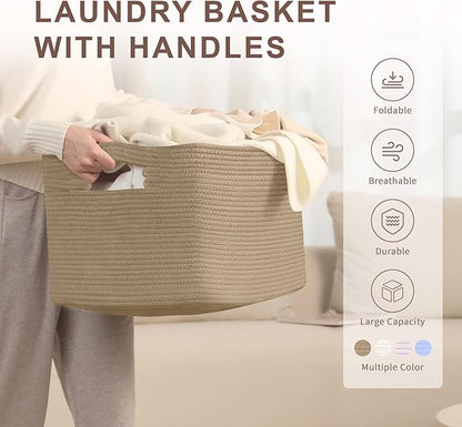 SunNewt 60L Small Wicker Laundry Basket for Living Room Storage,Boho Woven Cotton Rope Baskets for Kids Toy,Gifts,Square Blanket Hamper for Bedroom Dirty Clothes,Jute