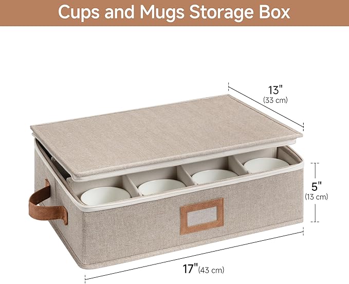 StorageWorks China Storage Container, Stackable Mug Storage Box with Dividers, Stemware Storage Cases, Hard Shell China Cup Organizer, Holds 12 Tea Cups and Coffee Mug, 1 Pack, Brown and Beige