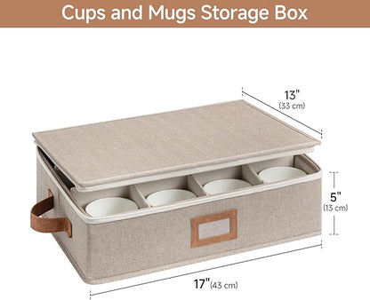 StorageWorks China Storage Container, Stackable Mug Storage Box with Dividers, Stemware Storage Cases, Hard Shell China Cup Organizer, Holds 12 Tea Cups and Coffee Mug, 2 Pack, Brown and Beige